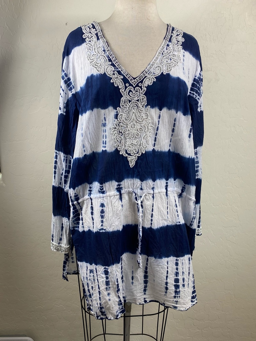 Navy & White Tie-Dye V-Neck Swim Coverup Tunic with Lace Detail Resort, pool,